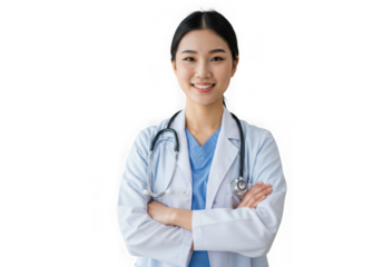 Smiling asian doctor with stethoscope isolated on transparent background