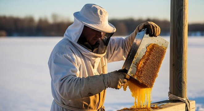 Beekeeper Harvesting Honey on Frozen Lake.