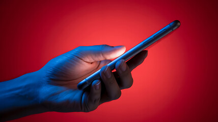 Close up of a hand holding a smartphone with a glowing screen against a vibrant red background