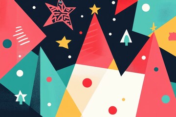 Abstract christmas art with geometric shapes, stars, and trees