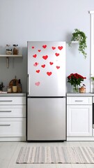 Modern kitchen with refrigerator adorned with hearts