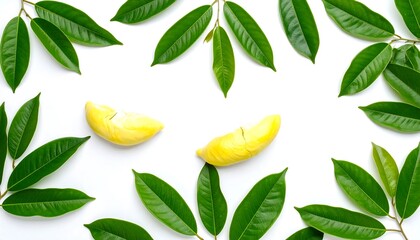 Fresh tropical fruit slices surrounded by vibrant green leaves