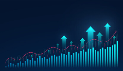 Financial investment chart of stock market growth, up arrow, market chart. Business chart with candles and growth line, crypto investment.
