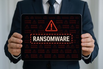 Businessperson displays a tablet showing a ransomware warning message with multiple system warning symbols.