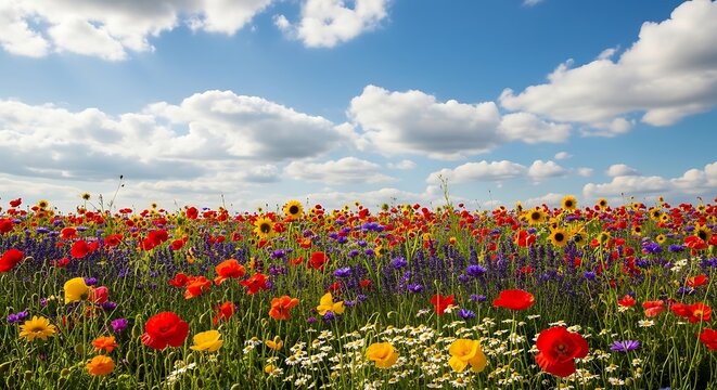 Colorful Wildflower Field Under a Cloudy Sky.