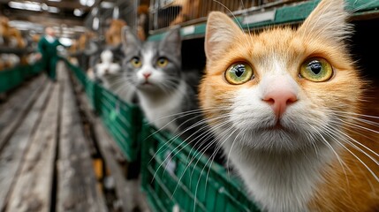 Cats in cages looking directly
