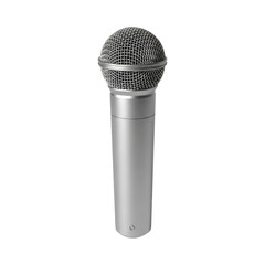 Silver handheld microphone with mesh top on transparent background