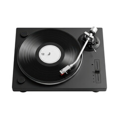 Sleek black turntable with vinyl record on transparent background