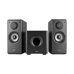 High-fidelity black audio speakers and subwoofer set front view
