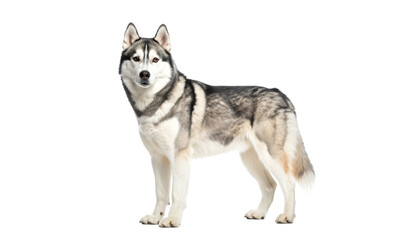 Fototapeta premium Siberian husky standing alert with gray and white fur on a plain background