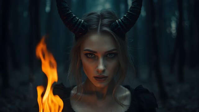 Woman as demonic creature with horns in dark forest. Eerie fantasy portrait with flames. Halloween horror concept, gothic character, 4K Video