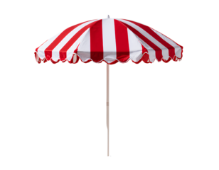 Red and white striped beach umbrella, isolated on a transparent background, PNG
