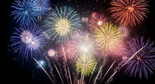 A spectacular display of multi-colored fireworks exploding and illuminating the dark night sky during a celebration.