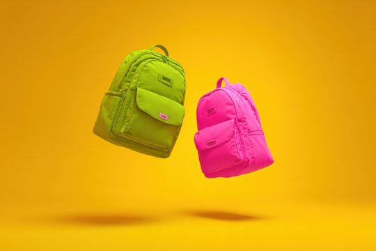 Two vibrant green and neon pink backpacks floating in the air isolated on a yellow background. Colorful school bags are suspending mid-air. Dynamic movement composition. product presentation, playtime