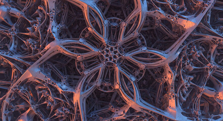 A complex intricate fractal pattern with radial symmetry and organic looking structures in shades of blue ai generated