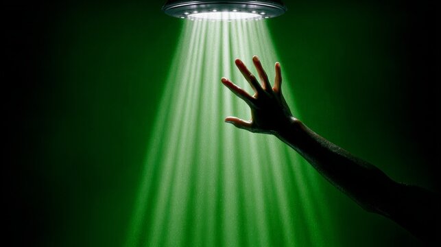 Hand is reaching up towards a green light. The light is shining on the hand, creating a sense of movement and energy. The image conveys a feeling of curiosity and wonder