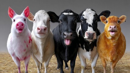 Fototapeta premium Group of animals, including cows and pigs, are standing next to each other. The cows are black and white, while the pigs are white. The animals are all smiling