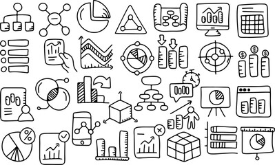 Hand drawn business graph icons set, doodle data chart elements, infographic symbols, analytics diagrams, pie chart, bar chart, flowchart, statistics sketch illustration
