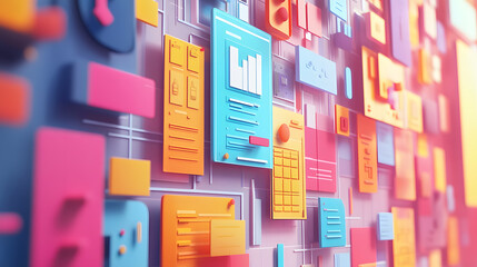 Colorful website wireframes pinned on a wall collaboration, Website development