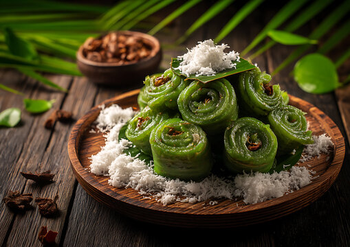 Kue dadar gulung, a traditional indonesian dessert with coconut filling, stacked on a wooden plate with grated coconut topping, surrounded by palm leaves and dark wood background.