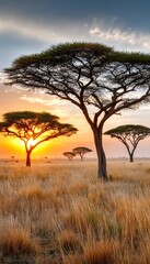 Obraz premium Golden Hour Light Over the African Savanna with Stunning Acacia Trees and Wildlife in View