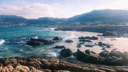 Desolate rocky beach in cold weather