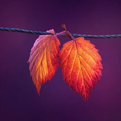 Two vibrant autumn leaves, fiery orange-red, clinging to a wire against a deep purple backdrop