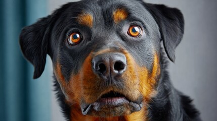 Obraz premium Black and brown dog with brown eyes and a brown nose. The dog is looking at the camera with a surprised expression
