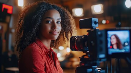 Obraz premium A young woman with curly dark hair is looking directly at the camera while holding a vintage film camera.