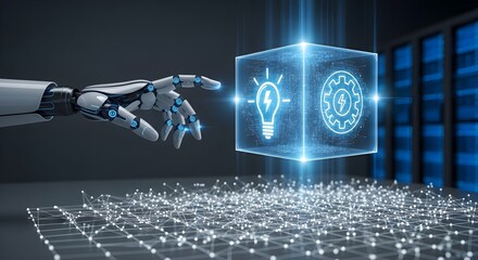 Robot hand touching a glowing cube with technology-related icons, showcasing digital innovation.