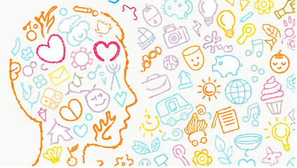 Illustration of a head silhouette filled with various icons and symbols in a colorful style