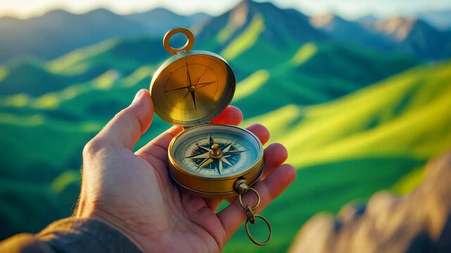 Traveler holding golden compass with blurred green mountains in background during outdoor adventure exploration trip