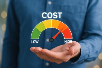 A person holds a hand-held cost gauge, displaying a visual representation of the cost spectrum ranging from low to high.