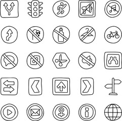 Hand drawn traffic signs, prohibition icons, navigation arrows, communication and internet symbols, doodle road sign illustration set isolated on white background