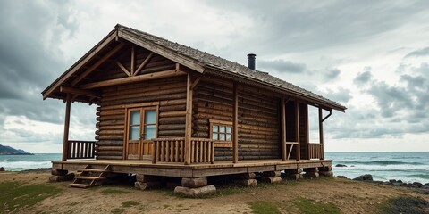 Coastal Wooden Cottage on a Cloudy Day