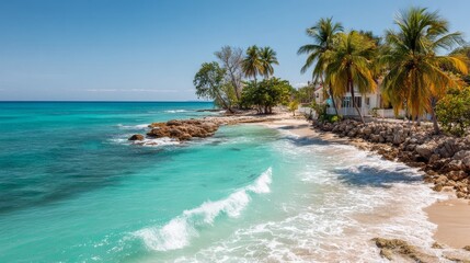 Tropical beach landscape with tall palm trees, turquoise caribbean sea, white sand shore, and blue sky in jamaica island paradise