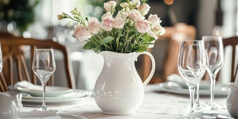 A white pitcher filled with pink roses sits on a table set for a formal dinner. Clear wine glasses and plates are arranged around the pitcher, creating a sophisticated and elegant atmosphere. 