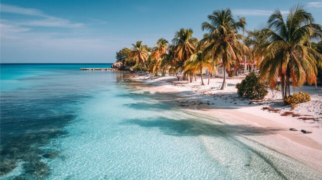 Scenic tropical beach with crystal clear turquoise water, white sand shoreline and palm trees on koh kood island thailand, idyllic summer holiday vacation destination