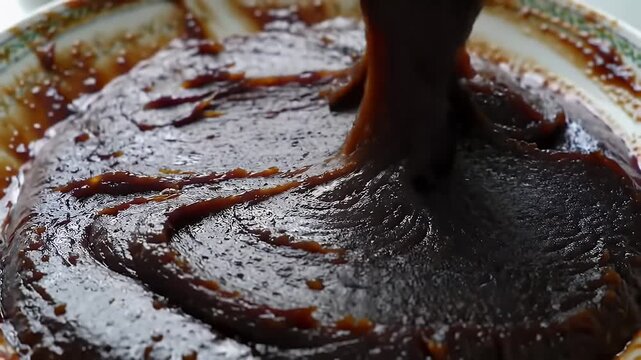 Viscous Fermented Durian Paste Close Up in a Ceramic Bowl with Ornate Trim Displaying Rich Texture and Glossy Dark Brown Color Perfect for Culinary Themes and Southeast Asian Cuisine Concept