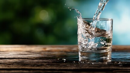 A beautifully captured moment of water splashing into a glass, creating an appealing visual that reflects freshness, hydration, and nature's essence in a rustic ambiance.