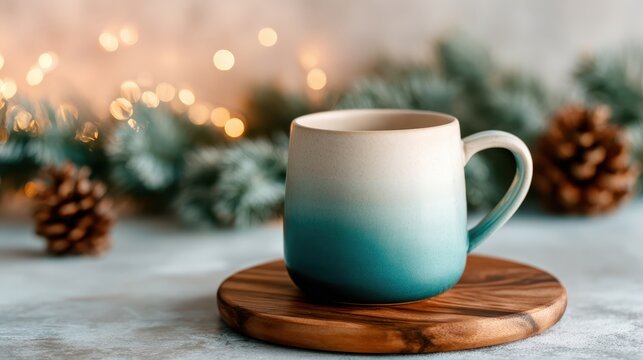 A trendy ceramic cup with a gradient design sits elegantly on a wooden board, surrounded by pinecones and festive lights that evoke a cozy atmosphere for the holidays.