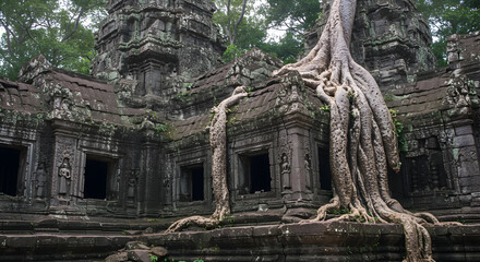 Naklejka premium Ancient Stone Temple with Tree Roots Growing Over Structure