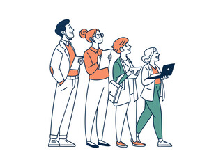 Business team discussion with laptop and documents illustration