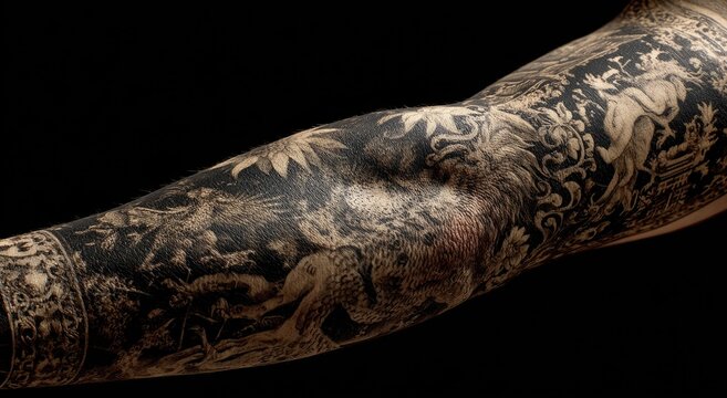 Detailed black and grey tattoo on arm