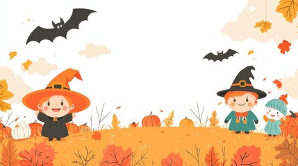 Naklejka premium Colorful Halloween Scene with Friendly Costumed Characters and Bats