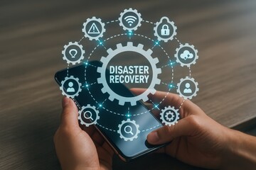 Smartphone displaying a digital interface for disaster recovery solutions, featuring interconnected gear icons and symbols.