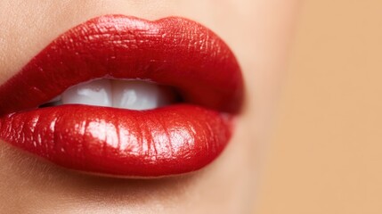 A stunning close-up of vibrant red lips glistening with shine, emphasizing a bold and confident look, perfect for beauty or cosmetics advertising.