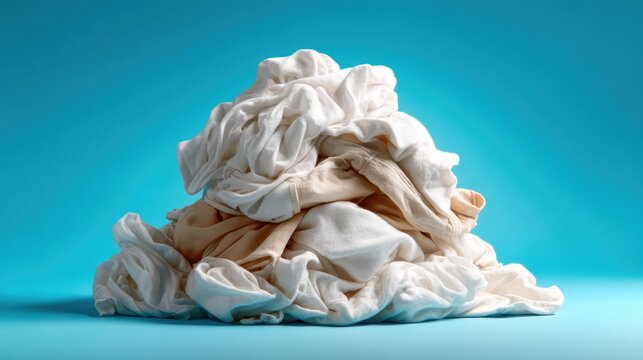 This eye-catching image showcases a pile of crumpled white laundry against a vibrant blue background, symbolizing the mundane yet essential chore of doing laundry.