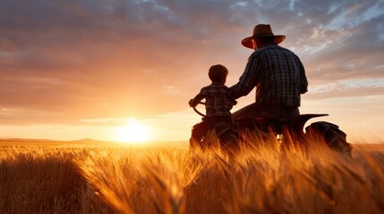 A heartwarming moment between a father and son riding a tractor, silhouetted against a stunning sunset that symbolizes love, connection, and the beauty of nature.