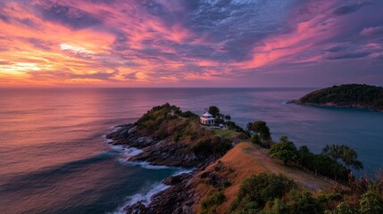 Fototapeta premium Stunning sunset over the andaman sea at windmill view point near laem promthep cape in phuket, thailand, showcasing vibrant skies and tranquil ocean views